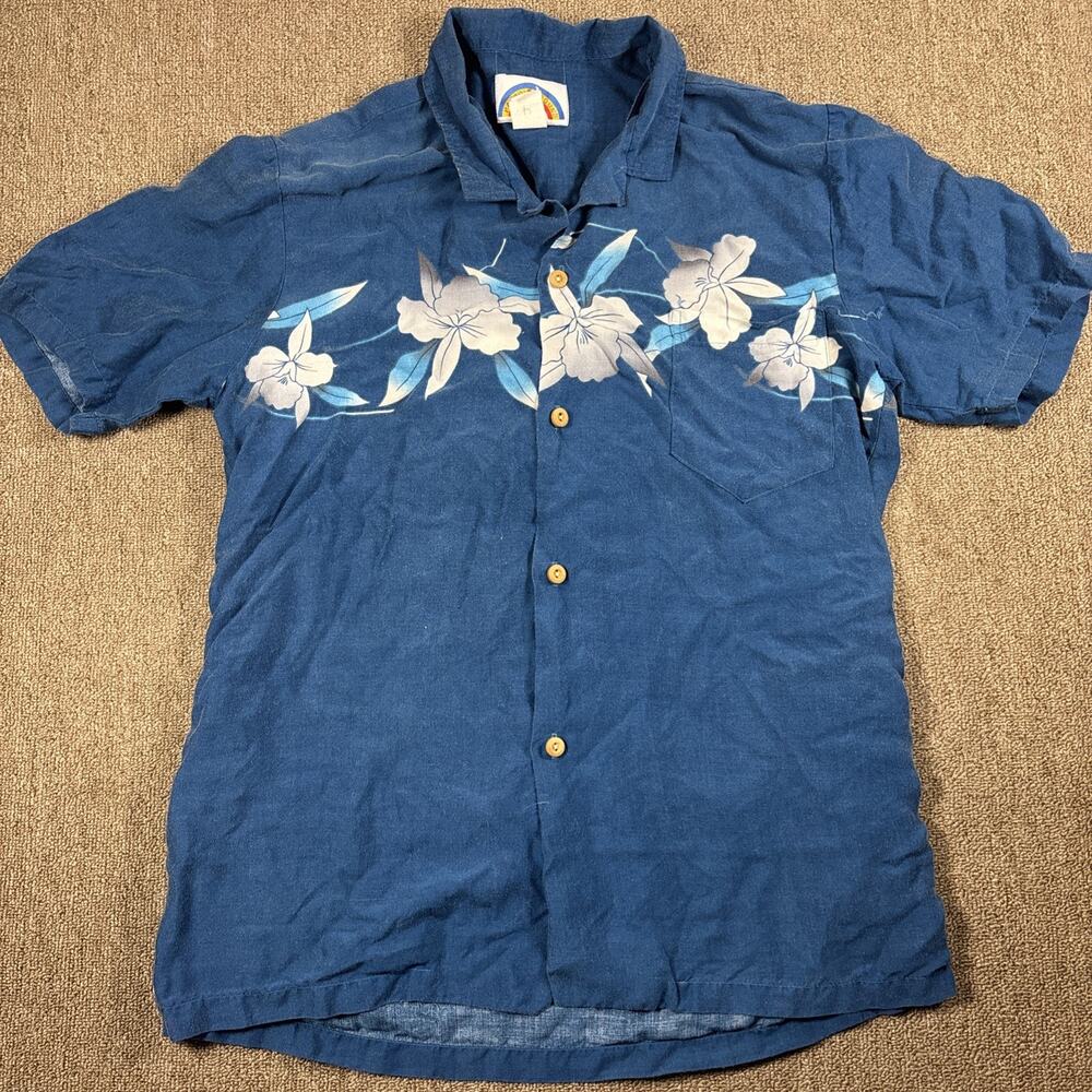 Vintage Paradise Found Men’s Hawaiian Shirt Blue Medium Vacation Made In USA